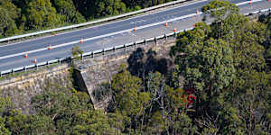 The section of the Great Western Highway that was at risk of collapse due to the fill between its two sandstone walls built by convicts.