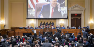 A video of former president Donald Trump was shown on a screen,as the House select committee investigating the January 6 attack on the US Capitol held its final meeting this month.