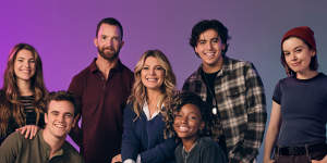 The Australian cast of Jagged Little Pill,from left,Liam Head,Grace Miell,Tim Draxl,Natalie Bassingthwaighte,Emily Nkomo,AYDAN and Maggie McKenna.