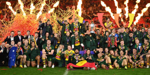 The winners of the Rugby League World Cup in the men’s,woman’s and wheelchair events at Old Trafford in Manchester,England in November 2022.