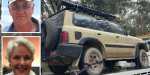 A four-wheel-drive impounded by police on Monday and,inset,missing campers Russell Hill and Carol Clay.