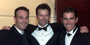 Michael Slater (left),with then-Australian captain Steve Waugh and Justin Langer at the 2001 Allan Border Medal,had used sport to “overcome” childhood trauma.