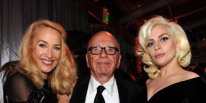 Jerry Hall and Rupert Murdoch with Lady Gaga after the Golden Globes this week.