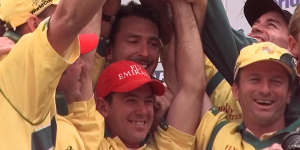 Australia’s Ricky Ponting (centre) with Damien Fleming behind him after the 1999 Cricket World Cup win.
