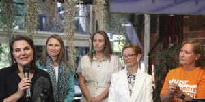 Independent candidate Victoria Davidson (Lane Cove) addresses a Climate 200 event with other teal candidates Joeline Hackman (Manly),Jacqui Scruby (Pittwater) and Helen Conway (North Shore).
