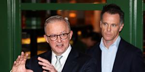 Prime Minister Anthony Albanese and NSW Premier Chris Minns at a press conference during a visit to Paddy’s Markets in Sydney,NSW,in the electorate of Sydney on Wednesday 9 April 2025,during the 2025 federal election campaign. fedpol Photo:Alex Ellinghausen