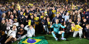 Central Coast Mariners celebrate the team’s win with fans during the second leg of the A-League Men’s Semi Final between Central Coast Mariners and Adelaide United last season.
