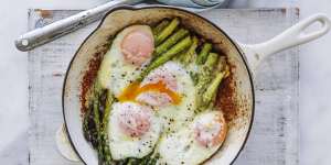 Adam Liaw recipe:Grilled asparagus with coddled eggs and parmesan.