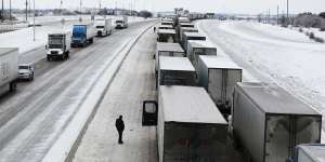Vehicles at a standstill on a highway in Texas when winter storm Uri delivered historic cold weather and power outages in February 2021.