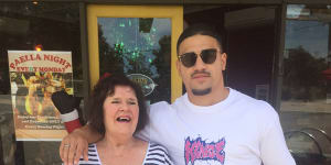 Former Melbourne Rebels player Sione Tuipulotu with his Scottish grandmother Jaqueline ‘Anne’ Thomson.