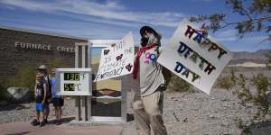 A climate change activist at Death Valley National Park on Sunday.