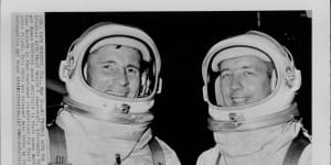 Despite troubles with their Gemini 4 spacecraft,astronauts Edward White,left,and James McDivitt posed smilingly in their space suits at Cape Kennedy.