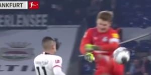Alexander Nuebel's brutal kung-fu style foul on Eintracht Frankfurt's Mijat Gacinovic.