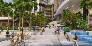 The ‘Brisbane Stairs’ under construction as part of Queen’s Wharf Brisbane. They lead from the main retail centre of the resort and casino down to the Brisbane River.