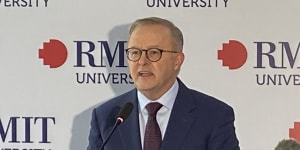 Prime Minister Anthony Albanese speaking at RMIT’s Hanoi campus in Vietnam.