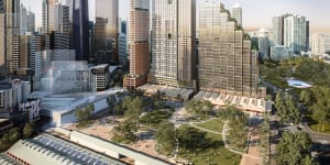 The redevelopment of the Queen Victoria Market site will create a new park with,from left,a student accommodation tower,a build-to-rent and affordable housing building and an office tower.