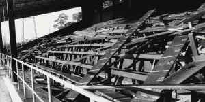 Seating in the grandstand of Cumberland Oval was torn from mountings and piled high before being set a light.