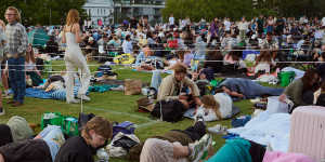 Crowds gathering at the Domain in the morning.