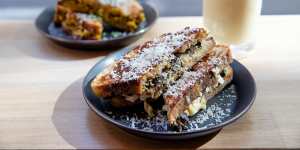 The mushroom and leek toastie is flavoured with miso and three kinds of cheese.
