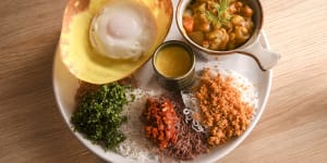 Hip Hopper:a brunchy tasting plate featuring an egg hopper,string hopper,curry (fish,chicken or veg) and condiments.