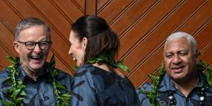 Anthony Albanese with New Zealand PM Jacinda Ardern and Fiji’s leader Frank Bainimarama on Thursday.