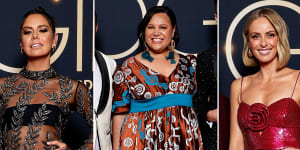 ‘Home&Away’ actor Emily Weir in Mariam Seddiq,NITV presenter Natalie Ahmat in Ikuntji Artists and ‘Today Extra’ co-host Sylvia Jeffreys in Rebecca Vallance champion Australian designers on the 2023 Logie Awards red carpet.