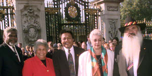 Dodson,right,with from left Gatjil Djerrkura,Dr Lowitja O’Donoghue,Peter Yu and Professor Marcia Langton in front of Buckingham Palace in 1999 after meeting Queen Elizabeth II. 