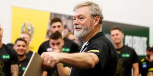 Neil Balme speaks to Richmond players before their loss to Gold Coast last weekend.