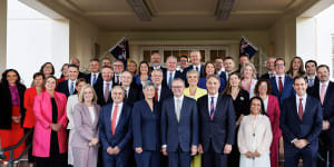 Prime Minister Anthony Albanese joins his ministry for a group photo shortly after being sworn into office by the Governor General last month.