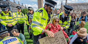 Police arrest a woman carrying a placard expressing support for Palestine Action outside the Houses of Parliament in London on Saturday.