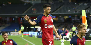 A jubilant Stefan Mauk celebrates after scoring in Adelaide’s win over Melbourne Victory.