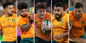 (L-R) Hunter Paisami,Rob Valetini,Andrew Kellaway,Taniela Tupou and Dave Porecki were all injured in Australia’s Test against Ireland. 