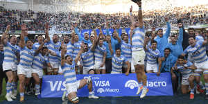 Argentina celebrate after winning the test series against Scotland.