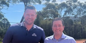 Opposition Leader Matthew Guy (right) with Liberal candidate for Nepean Sam Groth on Saturday.