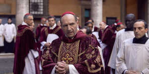 Ralph Fiennes as Cardinal Thomas Lawrence in the film Conclave.