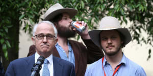 Overell and Parker with Malcolm Turnbull at Parliament House in October 2017. The then-PM’s office reached out to the pair to launch their book Betoota’s Australia. “We were like,‘Why?’“,says Parker.