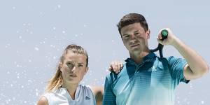 Models wearing Adidas'new 100 per cent recycled tennis range that top players will debut at the Australian Open on Monday. 