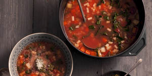 Jill Dupleix's minestrone soup with pesto (bottom right).