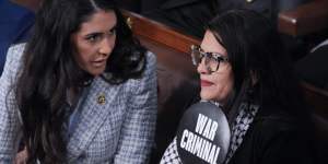 Democrat Congress member Rashida Tlaib held a sign in the chamber that says"war criminal"as Netanyahu spoke.