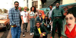 Yothu Yindi,with the late Mandaway Yunupingu at the front,pictured in 1996.