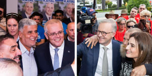 Scott Morrison and Anthony Albanese campaigning on Thursday,two days ahead of the election.