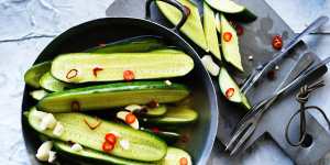 Garlic-pickled cucumbers.