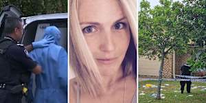 Emma Lovell (centre) died in hospital after the stabbing at her house in North Lakes,where an accused (left) was led into a police vehicle by officers the morning after.