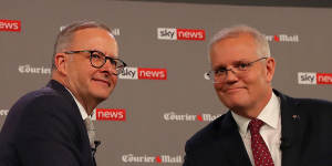 Anthony Albanese and Scott Morrison at the first election debate in Brisbane on Wednesday.