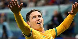 Craig Goodwin following his goal in Qatar for the Socceroos in the World Cup and Caramello Koala.