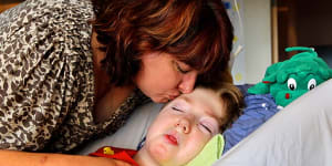 Jo-ann Morris with her son,Samuel. He did in 2014,aged 10. After a non fatal drowning when he was two,he was in pain,and couldn’t eat or talk or communicate. 