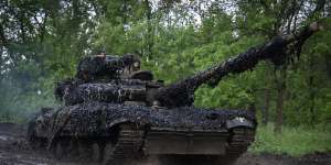 Ukrainian tanks on a road near Bakhmut,Donetsk region.