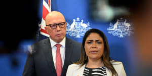 Federal Opposition Leader Peter Dutton and shadow Indigenous Australians spokeswoman Jacinta Nampijinpa Price in Brisbane on Saturday night.
