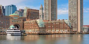 The waterfront skyline including the Boston Harbor Hotel at Rowes Wharf.