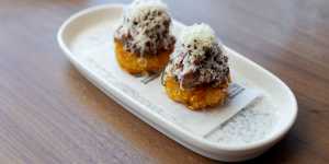 Hash browns provide the platform for Paroo kangaroo “cheeseburger” tartare.
